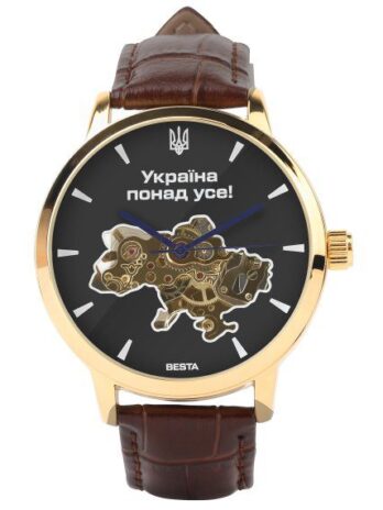 механічний годинник Besta Skeleton Gold Black Metal, 2 ремінці