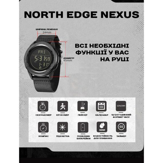 водостійкий тактичний годинник North Edge Nexus з компасом - Зображення 5
