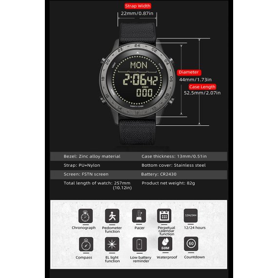 водостійкий тактичний годинник North Edge Tank3 5BAR з компасом - Зображення 2